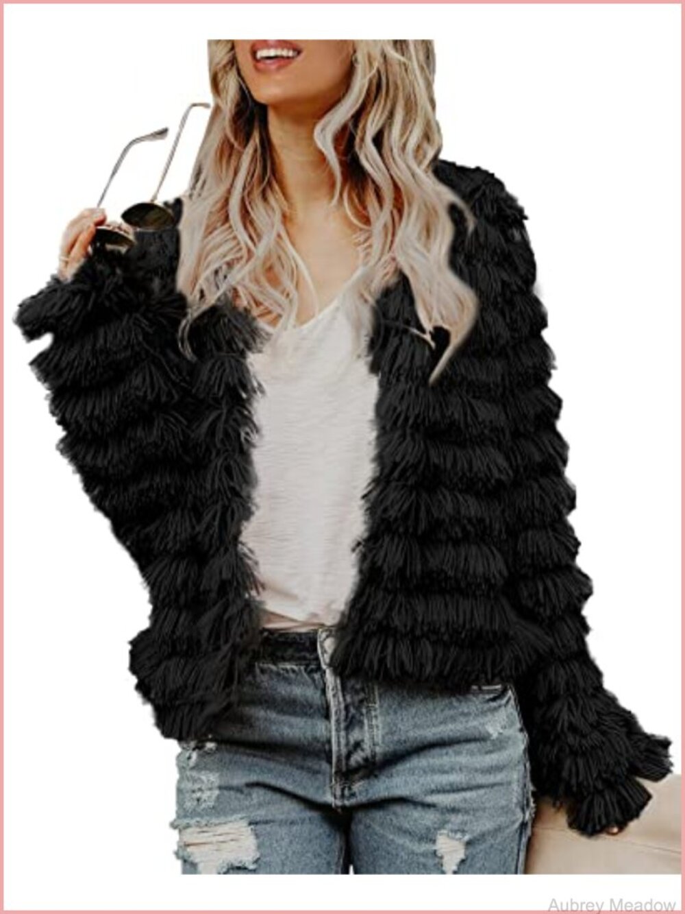 Faux Fur Open Front Cardigan Shaggy Jacket Coat Vintage Long Sleeve